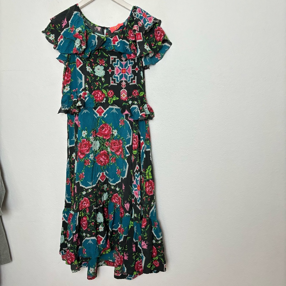 Manoush Silk Rose Floral Ruffle Tiered Bohemian Midi Dress Size 6